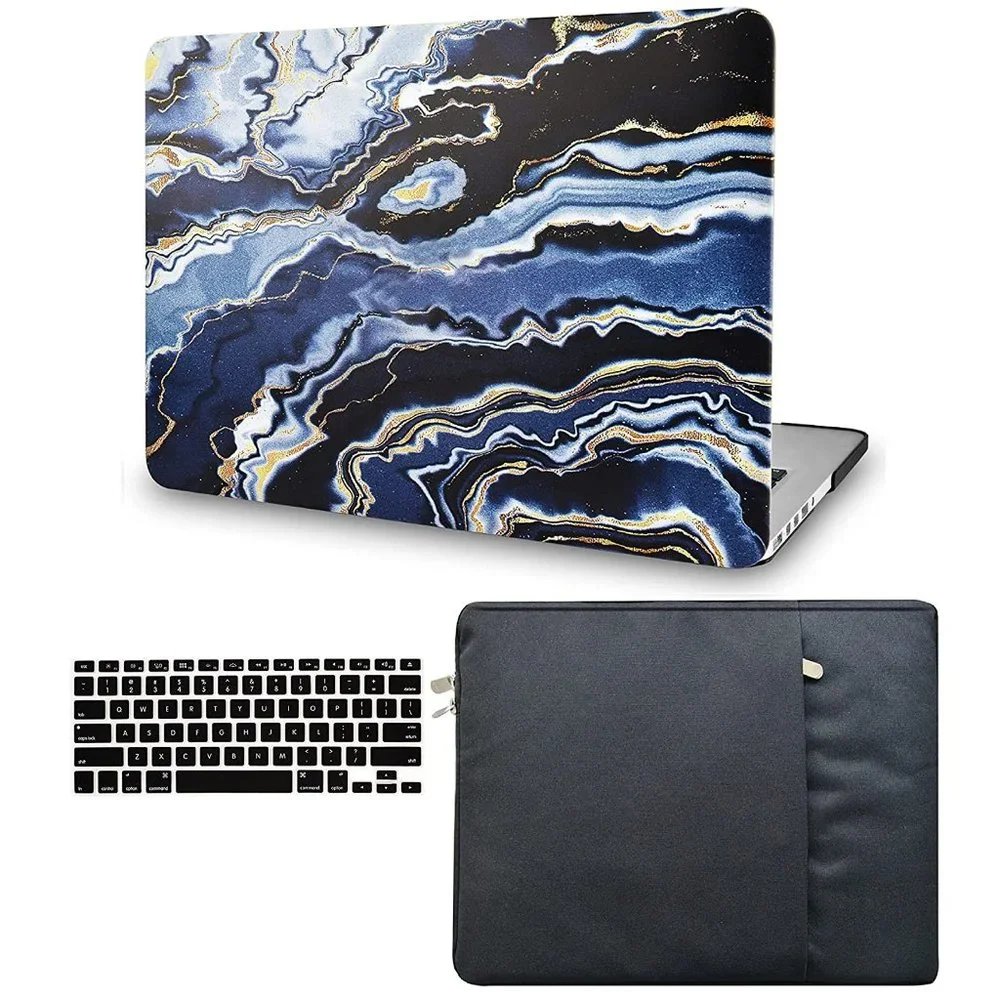 MORTAKA Plastic Hard Shell + Sleeve+Keyboard Cover (Black Grey Gold Marble) NEW!